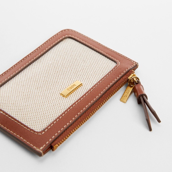 NWOT Mango Combined Mini Wallet Textured Fabric Faux Brown Leather and Zipper - Picture 2 of 9